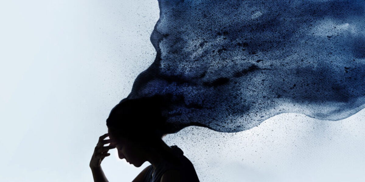 Mental Health Concept. Exhausted Depressed Female touching Foreh Artistic rendering of a woman who might be experiencing a mood disorder