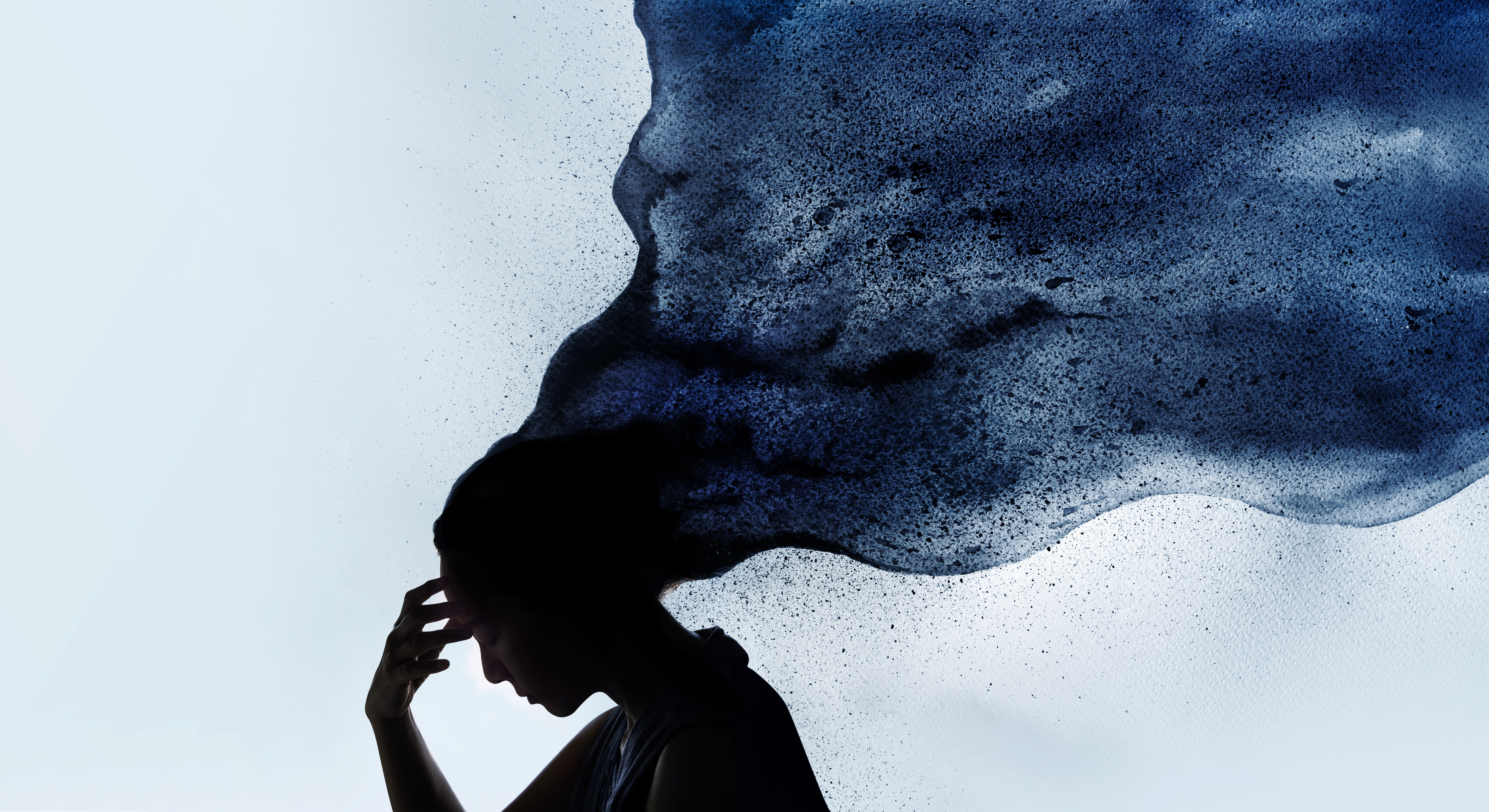 Mental Health Concept. Exhausted Depressed Female touching Foreh Artistic rendering of a woman who might be experiencing a mood disorder